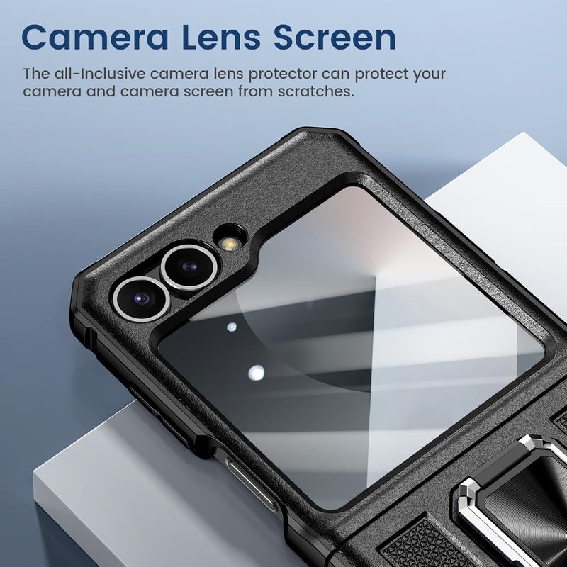 Vego for Galaxy Z Flip 6 Case, 360° Rotatable Ring Kickstand & Belt Clip Holster & Tempered Glass Camera Screen Protector & Hinge Protection, Shockproof Case for Samsung Flip 6 5G - Black - Image 4